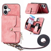 for iPhone 17 Wallet Case, PU Leather Case with Back Card Holder Kickstand, Magnetic Button Flip Folio Shockproof Zipper Crossbody Strap Purse Phone Case for iPhone 17, Pink