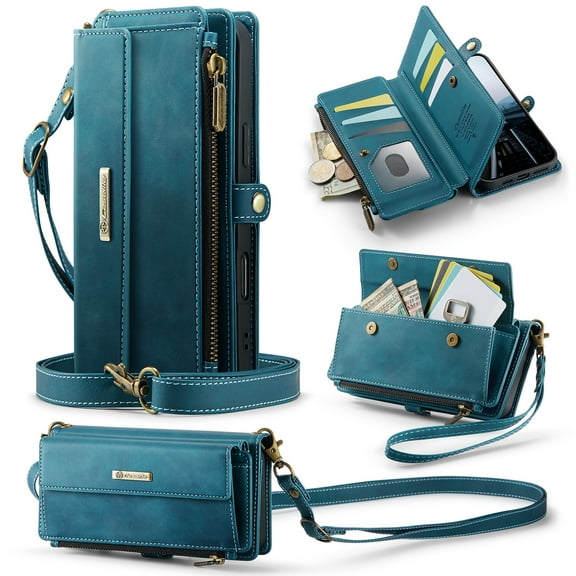 for iPhone 17 Wallet Case with RFID Blocking, Zipper Pocket Kickstand Magnetic Clasp, PU Leather Heavy Duty Cover with Shoulder and Wrist Strap – Rugged Full-Body Protection, Green