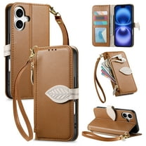 For iPhone 17 Wallet Phone Case,PU Leather Flip Fold Kickstand,With Wrist Strap Shoulder Strap,Card Holder,Zipper Pocket,Leaf Design Magnetic Closure Shockproof Durable Phone Case,Brown