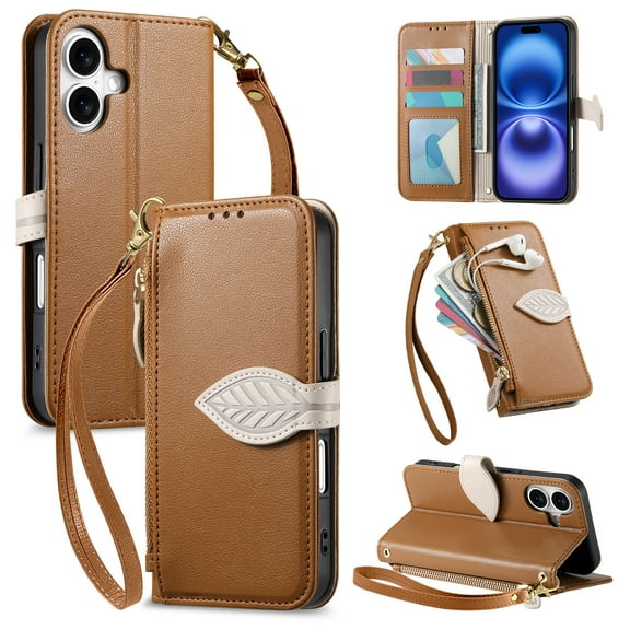 For iPhone 17 Wallet Phone Case,PU Leather Flip Fold Kickstand,With Wrist Strap+Shoulder Strap,Card Holder,Zipper Pocket,Leaf Design Magnetic Closure Shockproof Durable Phone Case,Brown
