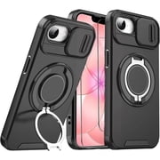 for iPhone 17E Rugged Case,Rotating Ring Holder Kickstand,Slide Camera Protection Cover,2pcs Screen Protector,Shockproof Cover For iPhone 17e 6.1"2026Black