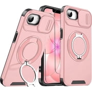 for iPhone 17E Rugged Case,Rotating Ring Holder Kickstand,Slide Camera Protection Cover,2pcs Screen Protector,Shockproof Cover For iPhone 17e 6.1"2026Pink