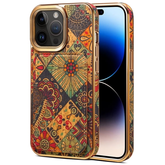 for iPhone 17Pro Cork Wood Phone Case Luxury Gold Plating+ Flower Floral Printed Back Cover, Hidden Folding ID Credit Card Holder Slot, Kickstand Support