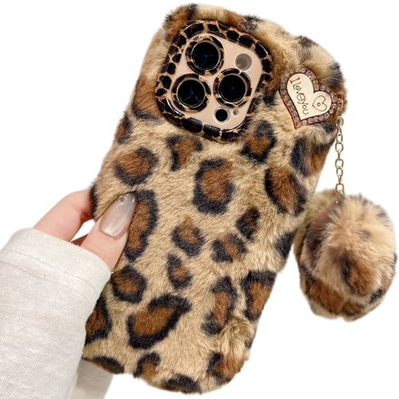 for iPhone 17ProMax Furry Plush Phone Case Handmade Leopard Print Camouflage Love Heart Fluffy Fur Ball Pendant for Women Girl, Cute Raised Camera Bump Protection Frame