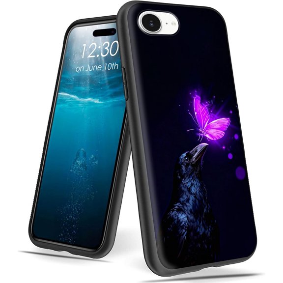 for iPhone 17e/16e Case 6.1 inch with Raven and Purple Butterflies Pattern Design Ultra-Thin Slim Lightweight Soft TPU Protective Phone Case for iPhone 17e/16e 2026/2025