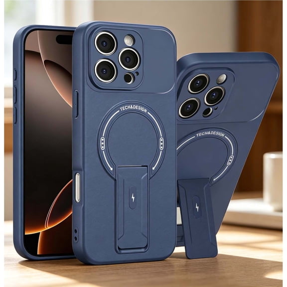 For iPhone 17e/16e Phone Case,Adjustable Foldable Invisible Kickstand,Compatible with Mag-Safe,PC + TPU Hybrid Shockproof Anti-fall Heavy Duty Drop Protection,Thin Phone Case,Blue