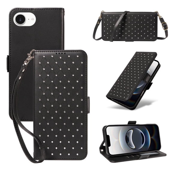 For iPhone 17e/16e RFID Blocking Wallet Case, Magnetic Flip Cover Card Holder & Bills Slot, Soft PU Leather With Detachable Shoulder Strap And Wrist Strap,Black,For iPhone 17e/16e