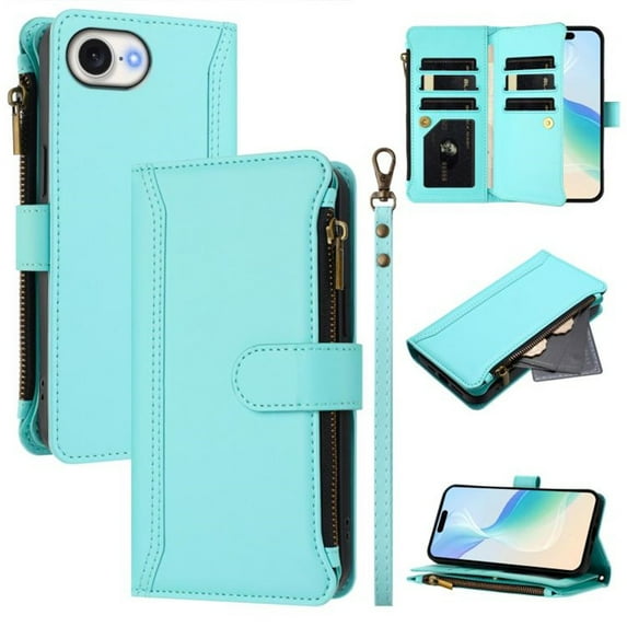 For iPhone 17e / 16e Wallet Phone Case-PU Leather Magnetic Flip Cover with 9 Credit Card Slots,Zipper Pocket & Detachable Wrist Strap,Shockproof,Mint Green,For iPhone 17e / 16e
