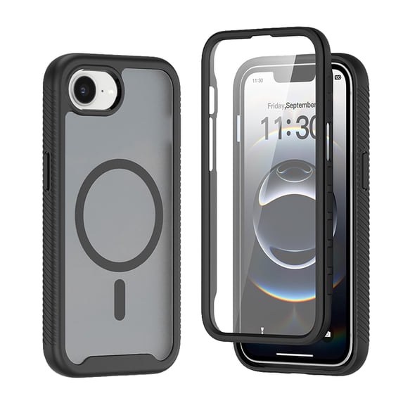 For iPhone 17e Case / iPhone 16e Case, 360° Rugged Protective Shell with Screen Protector, Heavy Duty Shockproof Case Matte Translucent Compatible with Magsafe, Black