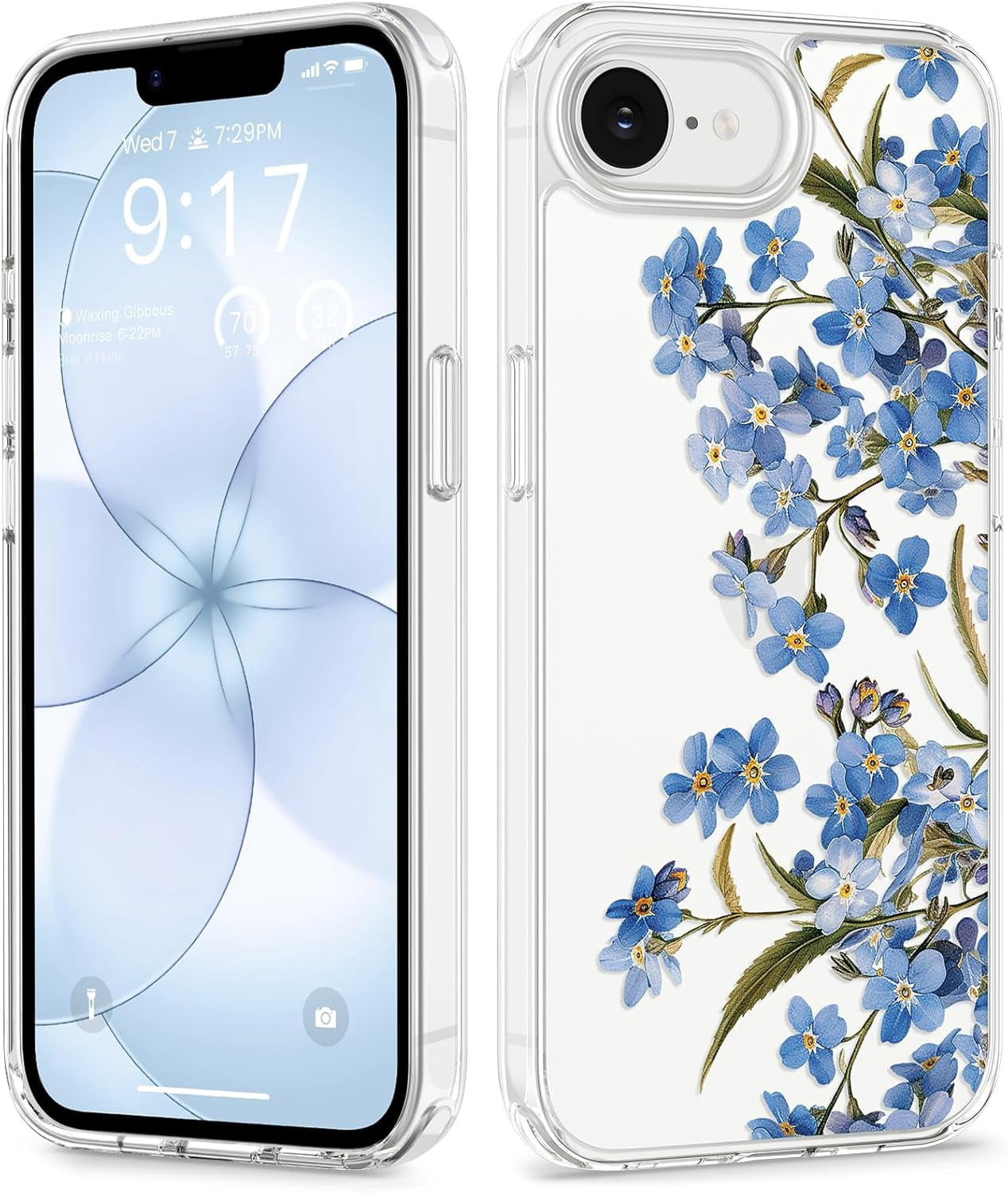 for iPhone 17e Case & iPhone 16e Case, [Non-Yellowing][Military-Grade Protection] Hard PC&TPU Bumper, Floral Shockproof Protective Clear Phone Case (Aconite/Blue)