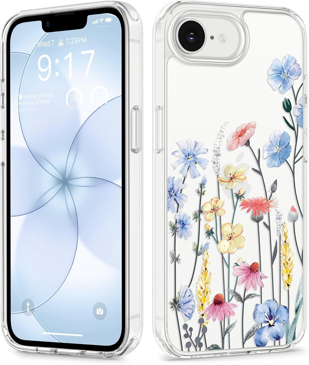 for iPhone 17e Case & iPhone 16e Case, [Non-Yellowing][Military-Grade Protection] Hard PC&TPU Bumper, Floral Shockproof Protective Clear Phone Case (Aconite/Light Blue)