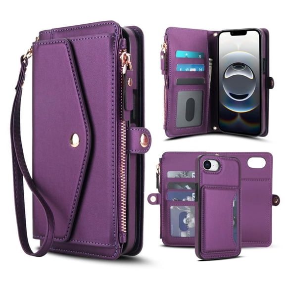 For iPhone 17e【RFID Blocking】Multi functional 2-in-1 Soft PU Leather Wallet Case Magnetic Flip Cover Multi-Card Slots Zipper Pocket With Detachable Shoulder Strap And Wrist Strap,Purple