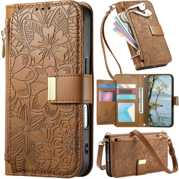for iPhone 17e/iPhone 16e Leather Phone Case Zipper Wallet Handbag, Embossed Floral Folio Flip Cover Kickstand, 2 Layer Card Slot Cash Holder, Magnetic Clasp, Shoulder Wrist Strap
