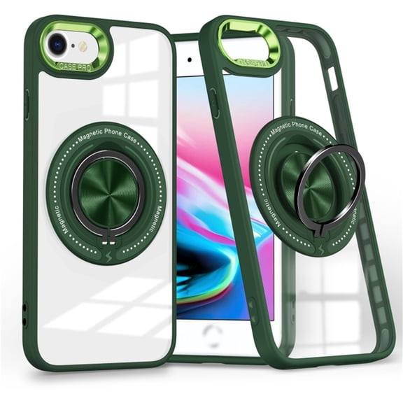 For iPhone 17e/ iPhone 16e Transparent Case (Compatible With MagSafe)  With 360° Rotation Invisible Magnetic O-Ring Stand Military-Grade Shockproof Phone Case,Green