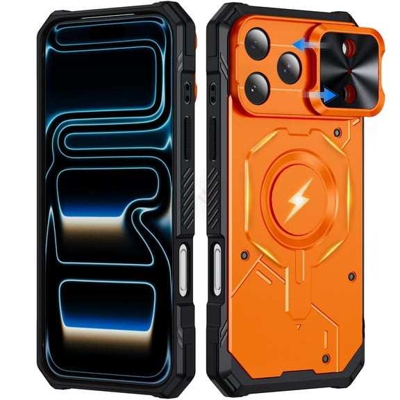 for iPhone 18 Pro Case with Sliding Camera Cover, Compatible with MagSafe, Rugged Shockproof Bumper Cases Heavy-Duty Magnetic Protective Phone Cover for iPhone 18 Pro, Orange