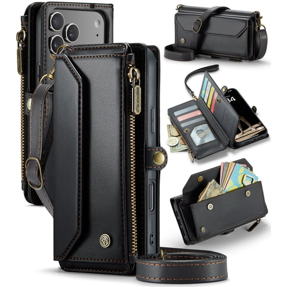 For iPhone 18 Pro Max Case Crossbody Wallet PU Leather Magnetic Flip Folio Wristlet Shoulder Strap 3-in-1 Crossbody Phone Case with Card Slots Zipper Pocket for Women Men,Black