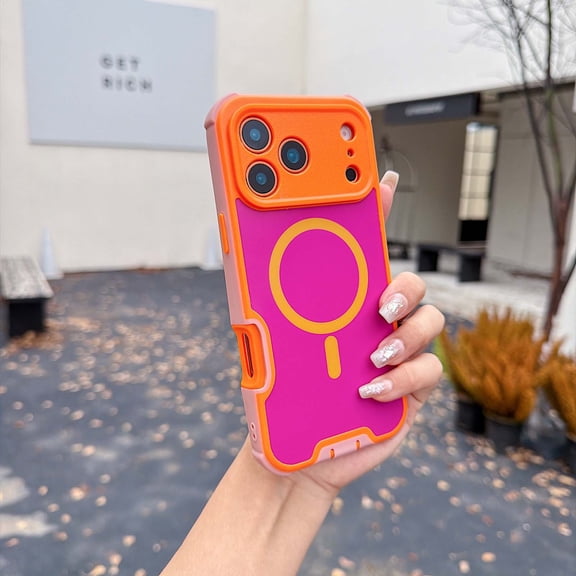 For iPhone 18 Pro Max Dopamine Color Block Magnetic Phone Case, Compatible with Magnetic Wireless Charging, Dual Layer Shockproof Protective Cover, Raised Camera Lens Protection,Orangepurple