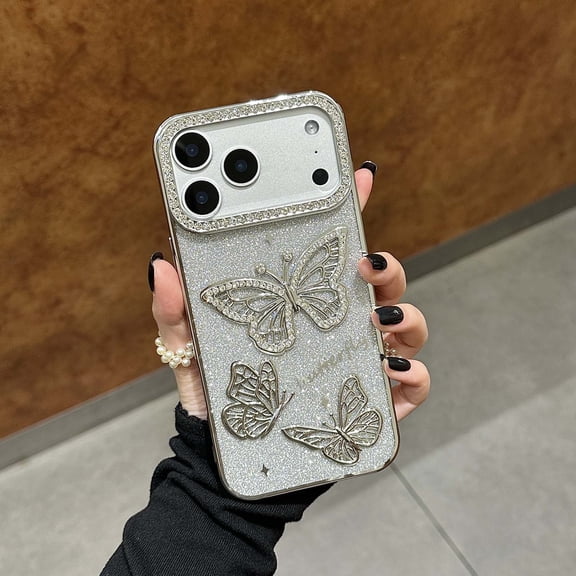 For iPhone 18 Pro Phone Case,Bling Sparkle Diamond Luxury Electroplated Butterfly,Cute Gradient Glitter Back,Shokcproof Anti-Scratch Anti-fall Drop Protection,Durable Phone Case,Silver