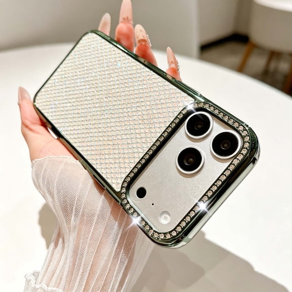 For iPhone 18 Pro Phone Case,Luxury Bling Glitter Back Design,Shiny Diamond Lens Ring Protection,Sparkle Shockproof Soft Drop Protection Durable Electroplate Phone Case Cover,Green