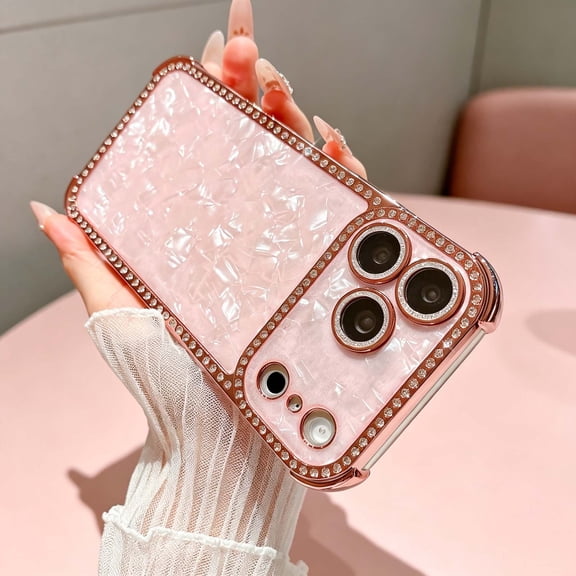 For iPhone 18 Pro Phone Case,Luxury Shell Pattern Back Design,Built-in Lens Camera Protector,Four Corners Raised Drop Protection,Bling Diamond Frame,Shockproof Durable Phone Case,Pink