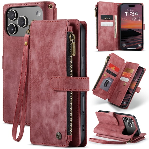 For iPhone 18 Pro Wallet Case with Card Slots, Leather Detachable Wristlet Strap 3-in-1 Zipper Pocket and Magnetic Flip Folio, RFID Blocking Card Holder Stand Case for Women and Men,Red