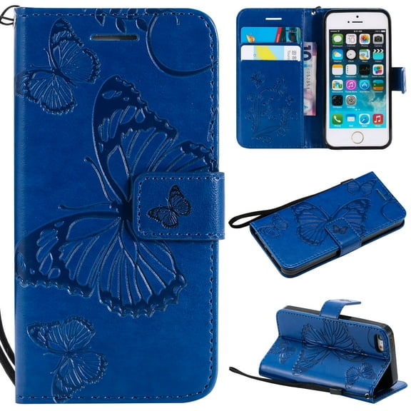 iPhone 5S Case,iPhone 5 Case,iPhone SE(2016 Wallet case, Allytech Pretty Retro Embossed Butterfly Flower Design Pu Leather Book Style Wallet Flip Case Cover for Apple iPhone 5/ 5S /SE(2016, Blue