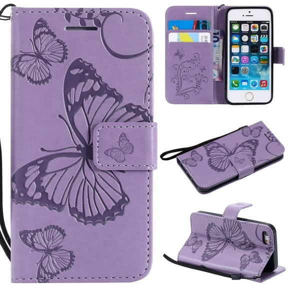 iPhone 5S Case,iPhone 5 Case,iPhone SE(2016 Wallet case, Allytech Pretty Retro Embossed Butterfly Flower Design Pu Leather Book Style Wallet Flip Case Cover for Apple iPhone 5/ 5S /SE(2016, Purple