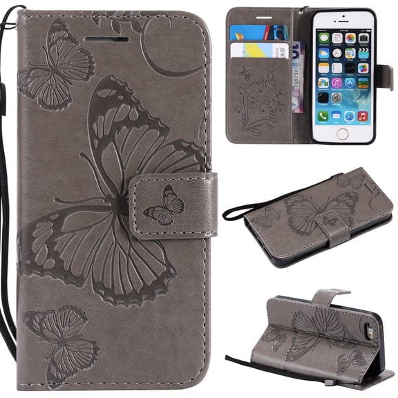 iPhone 5S Case,iPhone 5 Case,iPhone SE(2016 Wallet case,  Pretty Retro Embossed Butterfly Flower Design Pu Leather Book Style Wallet Flip Case Cover for Apple iPhone 5/ 5S /SE(2016, Gray