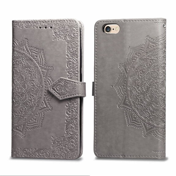 iPhone 6+ 6S+ Wallet Cases and Covers, Allytech Slim Premium PU Flip Stand Cover Mandala Embossed Full Body Protection with Card Holder Magnetic Closure for iPhone 6 Plus 6S Plus, Gray
