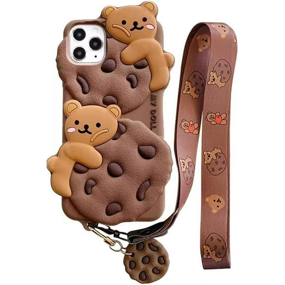 for iPhone 6/7/8 Case Cookie Bear Kawaii Phone Cases,Cute Case with Strap Lanyard 3D Cartoon Bear Soft Silicone Protector Funny Women Girls for iPhone 6/7/8/SE2/SE3