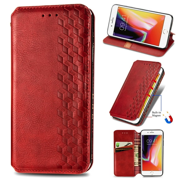 iPhone 6 Case,iPhone 6s Case,PU Leather TPU Wallet Cover with Card Holder Kickstand Hidden Magnetic Adsorption Shockproof Flip Folio Cell Phone Case for Apple iPhone 6 /6s 4.7 inch, Red