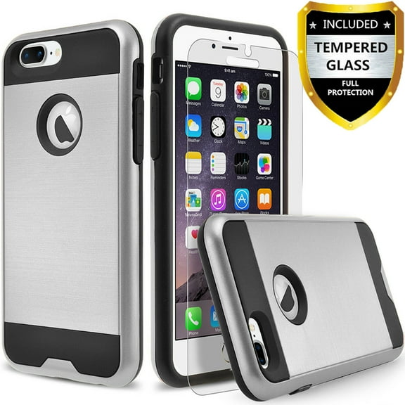 iPhone 6 Plus /6S Plus / iPhone 7 Plus / iPhone 8 Plus Phone Case, [Plus Versizon Only] With[Tempered Glass Screen Protector Included] Hybrid Shockproof Hard Cover Shockproof Circlemalls -Silver