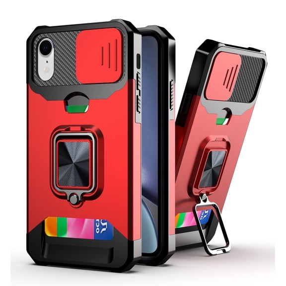 iPhone 6 Plus/6S Plus Case with Slide Camera Cover, Allytech Hard PC & TPU Impact Resistant Shockproof Bumper Protective Case with Ring Kickstand [1 Card Holder] Cover for iPhone 6 Plus, Red