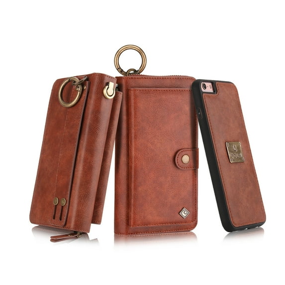 iPhone 6 Plus/ 6S Plus Wallet Case, Alleytech Girls Women Magnets Detachable Zipper Wallet Case Cover PU Leather Folio Flip Holster Carrying Case Card Holder for iPhone 6 Plus/6S Plus, brown