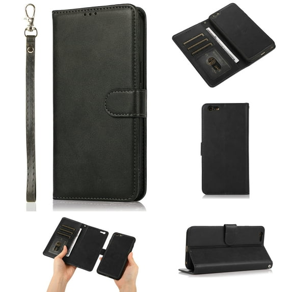 iPhone 6 Plus Case, Cover for iPhone 6s PluS, Allytech Detachable Case Support Magnetic Car Mount Case with Lanyard Wallet Vegan Leather Shockproof Stand Case for iPhone 6 Plus/6S Plus(5.5"), Black