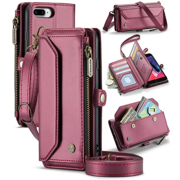 For iPhone 6 Plus Case Crossbody Wallet with Card Slots Zipper Pocket,PU Leather Magnetic Flip Folio Wristlet Shoulder Strap 3-in-1 Crossbody Phone Case for Women Men,Hotpink