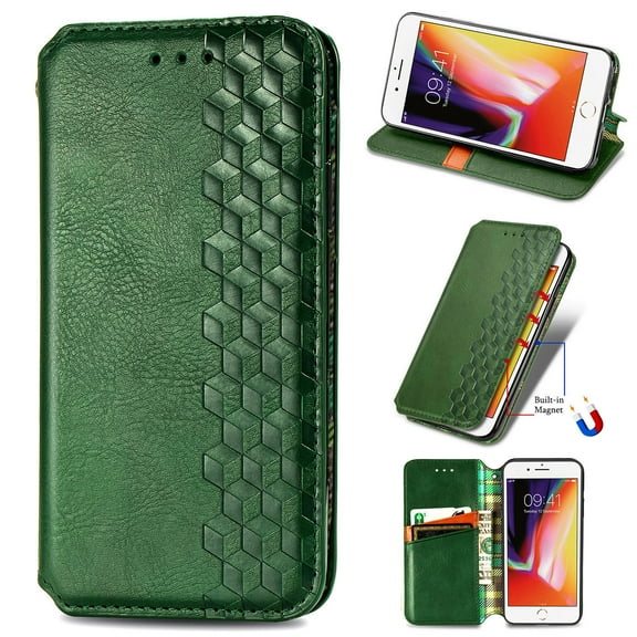 iPhone 6 Plus Case,iPhone 6s Plus Case,PU Leather TPU Wallet Cover with Card Holder Kickstand Hidden Magnetic Adsorption Shockproof Flip Folio Cell Phone Case for Apple iPhone 6/6s Plus 5.5",Green