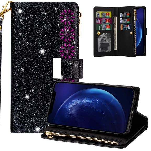 iPhone 6 Plus Case, iPhone 6s Plus Case, Allytech Bling Design PU Leather Kickstand Folio Flip Cards Slots Shockproof Magnetic Closure Wallet Case Cover for Apple iPhone 6S Plus/ iPhone 6 Plus, Black