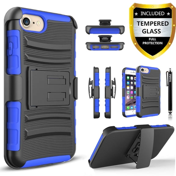 iPhone 6 Plus Phone Case, Dual Layers [Combo Holster] And Built-In Kickstand Bundled with [Tempered Glass Screen Protector] Hybird Shockproof And Circlemalls Stylus Pen-Blue