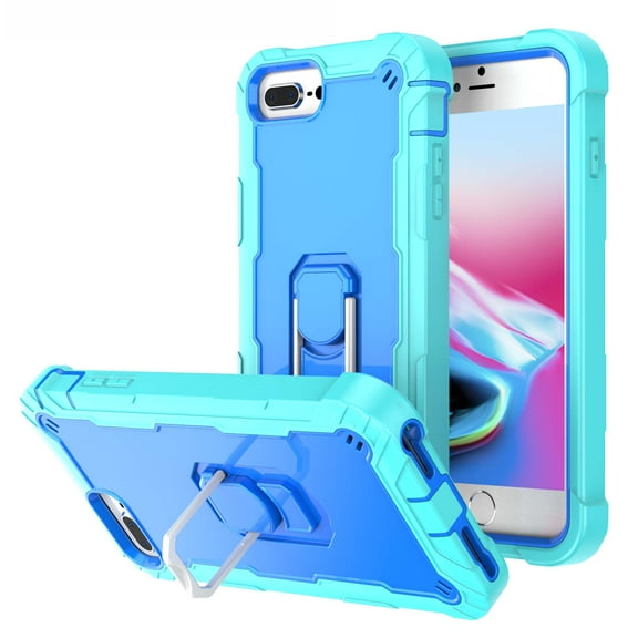 iPhone 6 Plus/iPhone 7 Plus Case 5.5", iPhone 8 Plus Cover, Allytech Heaavy Duty Four Layer Dropproof Defender Ring Kickstand Cell Phone Case for iPhone 8 Plus/7 Plus/6 Plus(5.5 inch), Green Blue