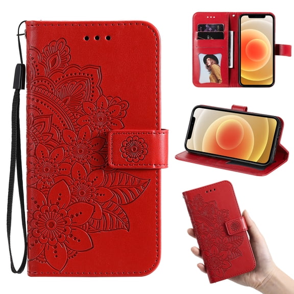 iPhone 6 Wallet Case, iPhone 6S Flip Case with Card Holder, Allytech Embossed Patterned PU Leather Phone Cover with Magnetic Kickstand Wrist Strap for iPhone 6 & iPhone 6S(4.7"), Red