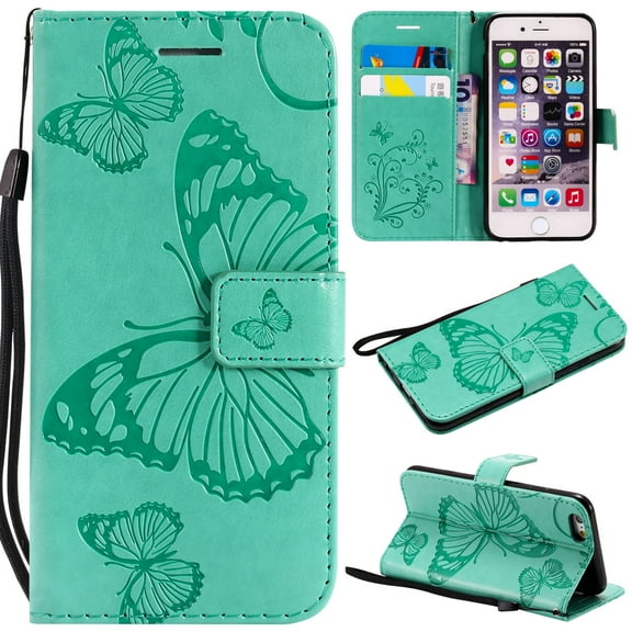 iPhone 6 Wallet Case, iPhone 6 Pattern Case, Embossed Big Butterfly Magnetic Flip PU Leather Folio Stand Case Cover Built-in Card Slots & Money Pocket, with wrist Strap, Green