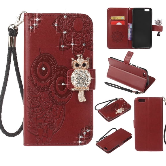 iPhone 6S Plus, iPhone 6 Plus Case, Allytech PU Leather Cute Shiny Owl Protective Kickstand Folio Flip Cards & Cash Slots Pouch Anti-Slip Wallet Case Cover for Apple iPhone 6S Plus / 6 Plus, Winered
