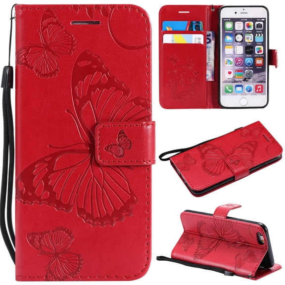 iPhone 6S Wallet Case, iPhone 6 Pattern Case, Dteck Embossed Big Butterfly Magnetic Flip PU Leather Folio Stand Case Cover Built-in Card Slots & Money Pocket, with wrist Strap, Red