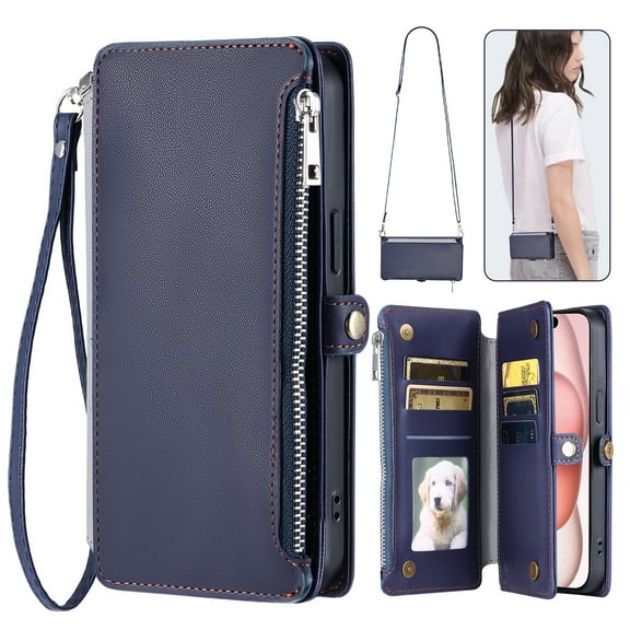 For iPhone 6s Plus/6 Plus Wallet Case – Crossbody Strap+Hand Lanyard & Zipper Pocket Credit Card Slots,Drop Tested PU Leather Magnetic Folio Cover with RFID Blocking Card Holder Phone Case,Darkblue