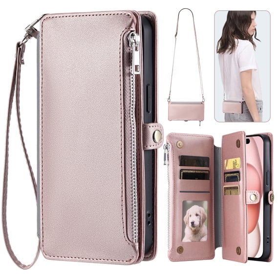 For iPhone 6s Plus/6 Plus Wallet Case – Crossbody Strap+Hand Lanyard & Zipper Pocket Credit Card Slots,Drop Tested PU Leather Magnetic Folio Cover with RFID Blocking Card Holder Phone Case,Rosegold