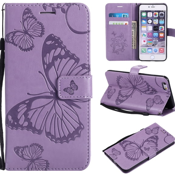 iPhone 6s Plus Wallet Case, iPhone 6 Plus Case, Dteck Embossed Big Butterfly Magnetic Flip PU Leather Folio Stand Case Cover Built-in Card Slots & Money Pocket, with wrist Strap, Purple