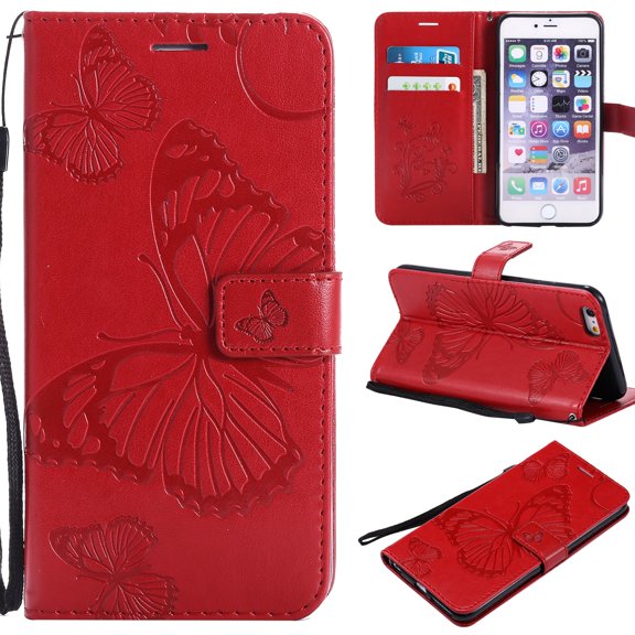 iPhone 6s Plus Wallet Case, iPhone 6 Plus Case, Dteck Embossed Big Butterfly Magnetic Flip PU Leather Folio Stand Case Cover Built-in Card Slots & Money Pocket, with wrist Strap, Red