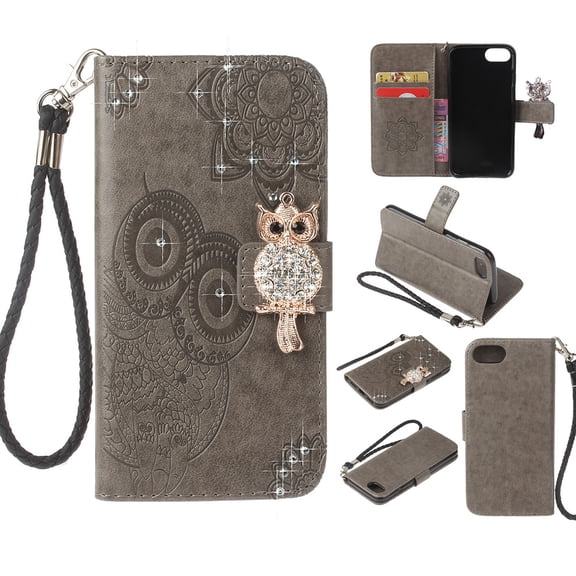 iPhone 7 / 8 Case, Allytech Premium Leather Cute Glitter Owl Shockproof Folio Stand Drop Proof Cards Slots Bumper Magnetic Book Style Wallet Case Cover for Apple iPhone 8/ iPhone 7, Gray