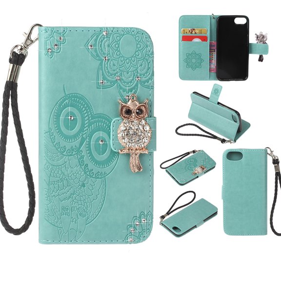 iPhone 7 / 8 Case, Allytech Premium Leather Cute Glitter Owl Shockproof Folio Stand Drop Proof Cards Slots Bumper Magnetic Book Style Wallet Case Cover for Apple iPhone 8/ iPhone 7, Green